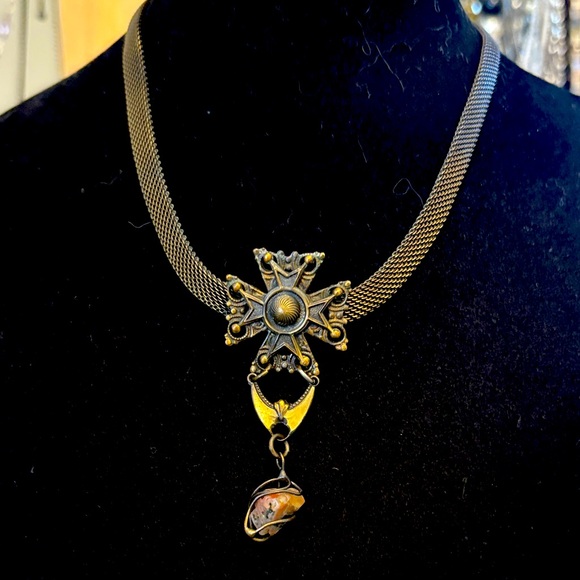 Jewelry - Victorian/boho  Style Brass Cross and stone Pendant Necklace
